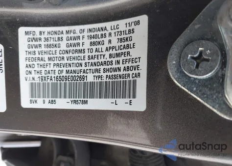 2009 Honda Civic Lx z USA, uszkodzony, nr VIN 19XFA16509E002691